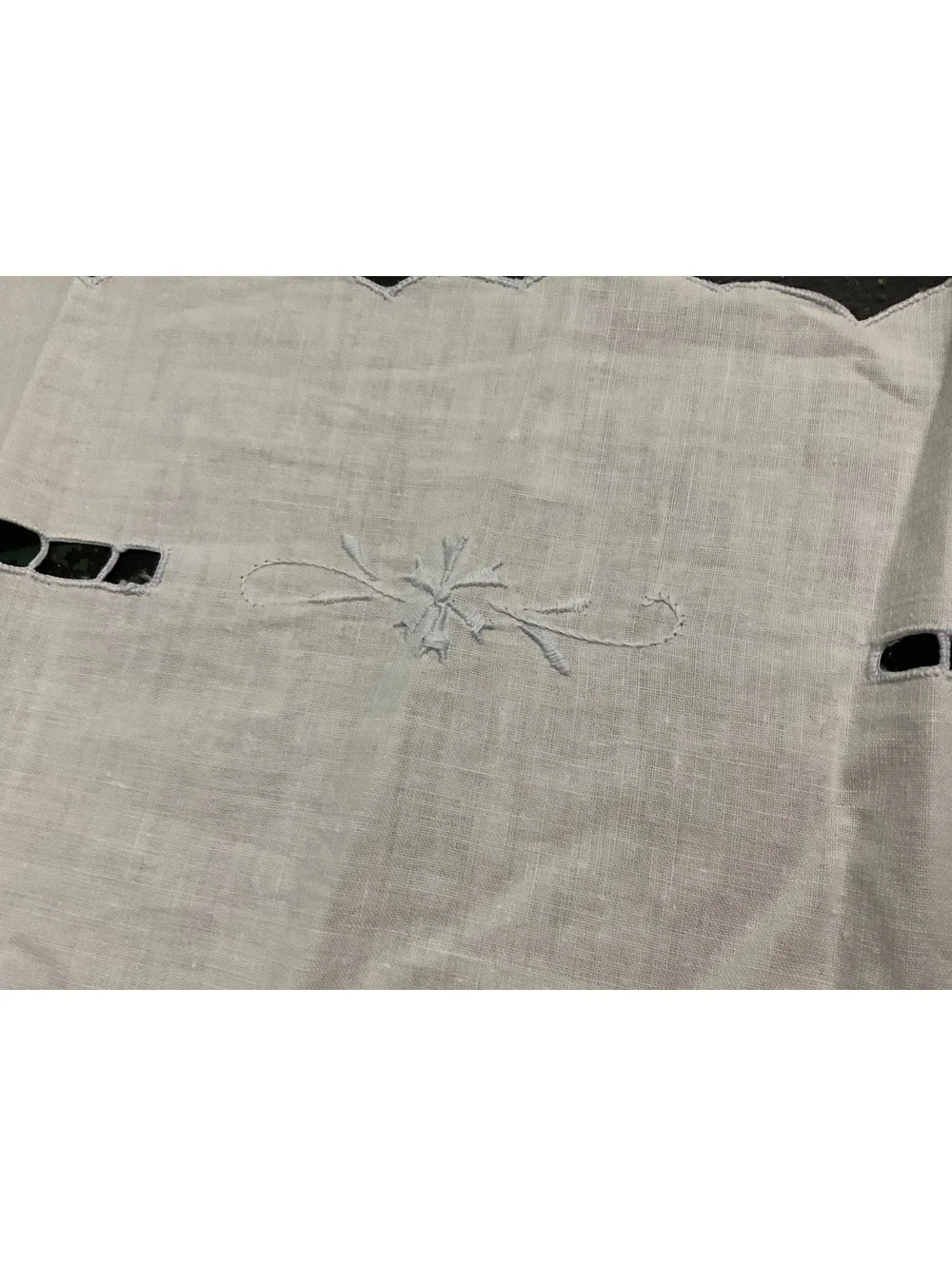 Vintage White Linen Embroidered Table Runner with Cutwork 32 1/2” x 14”